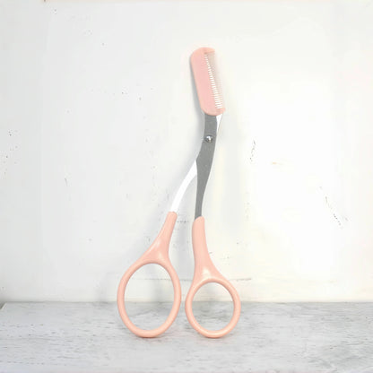 Pink Stainless Steel Eyebrow Scissors with Built-in Comb Precision Tool