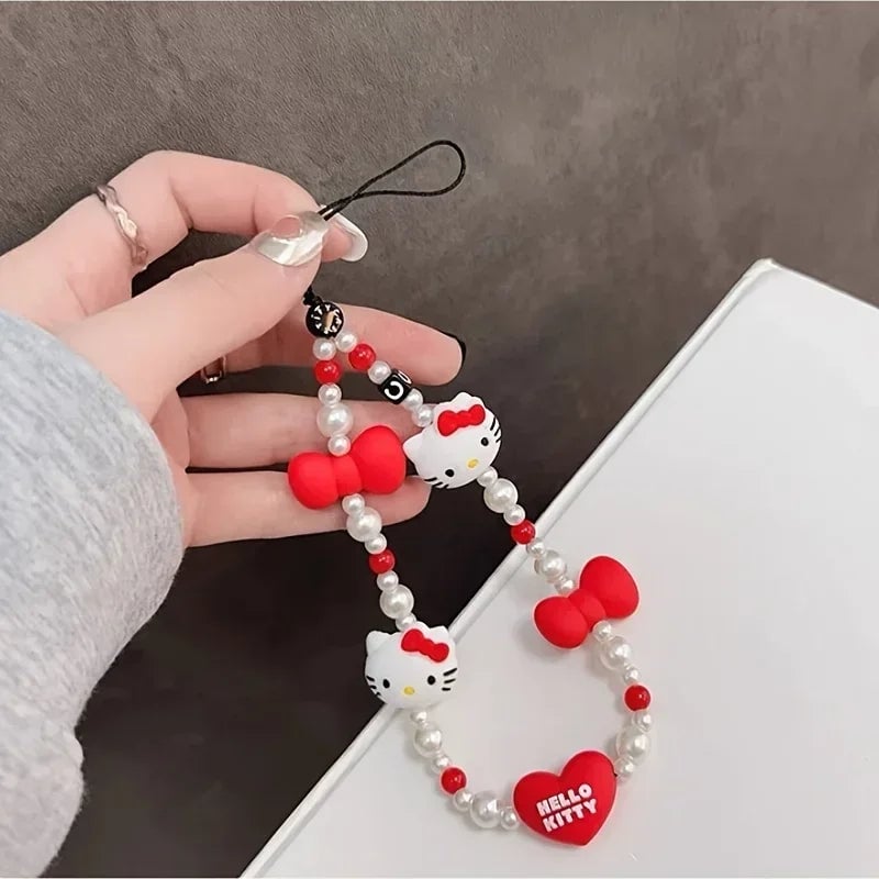 Hello Kitty Love Bow Mobile Phone Chain Beaded Lanyard Kawaii Charm