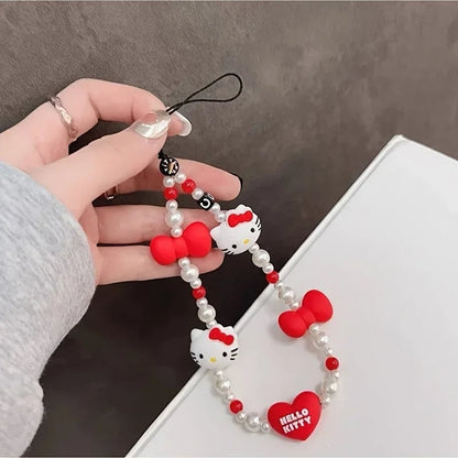 Hello Kitty Love Bow Mobile Phone Chain Beaded Lanyard Kawaii Charm
