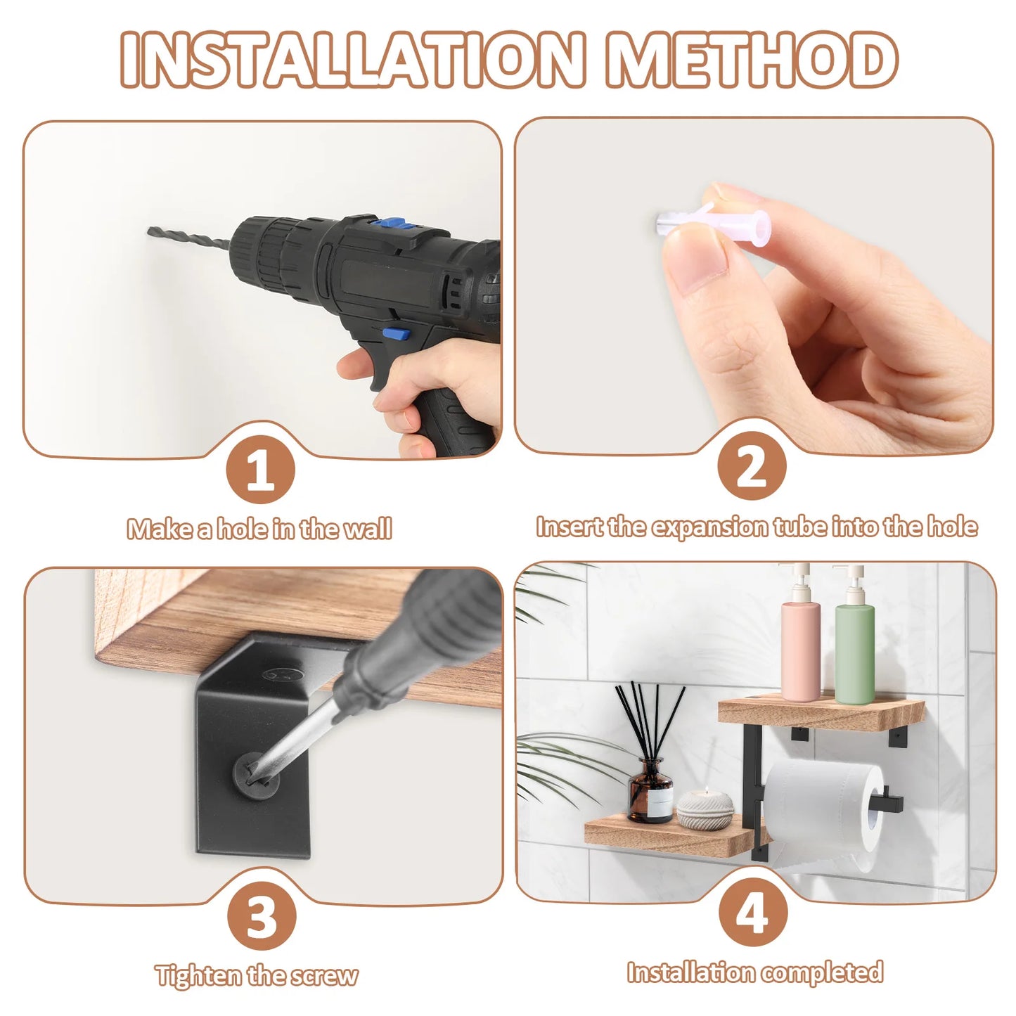 Wall Mounted Wooden Toilet Paper Holder with Storage Shelf