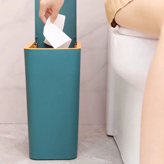 10L Press Top Lid Bathroom Trash Can - Space Saving Plastic Wastebasket