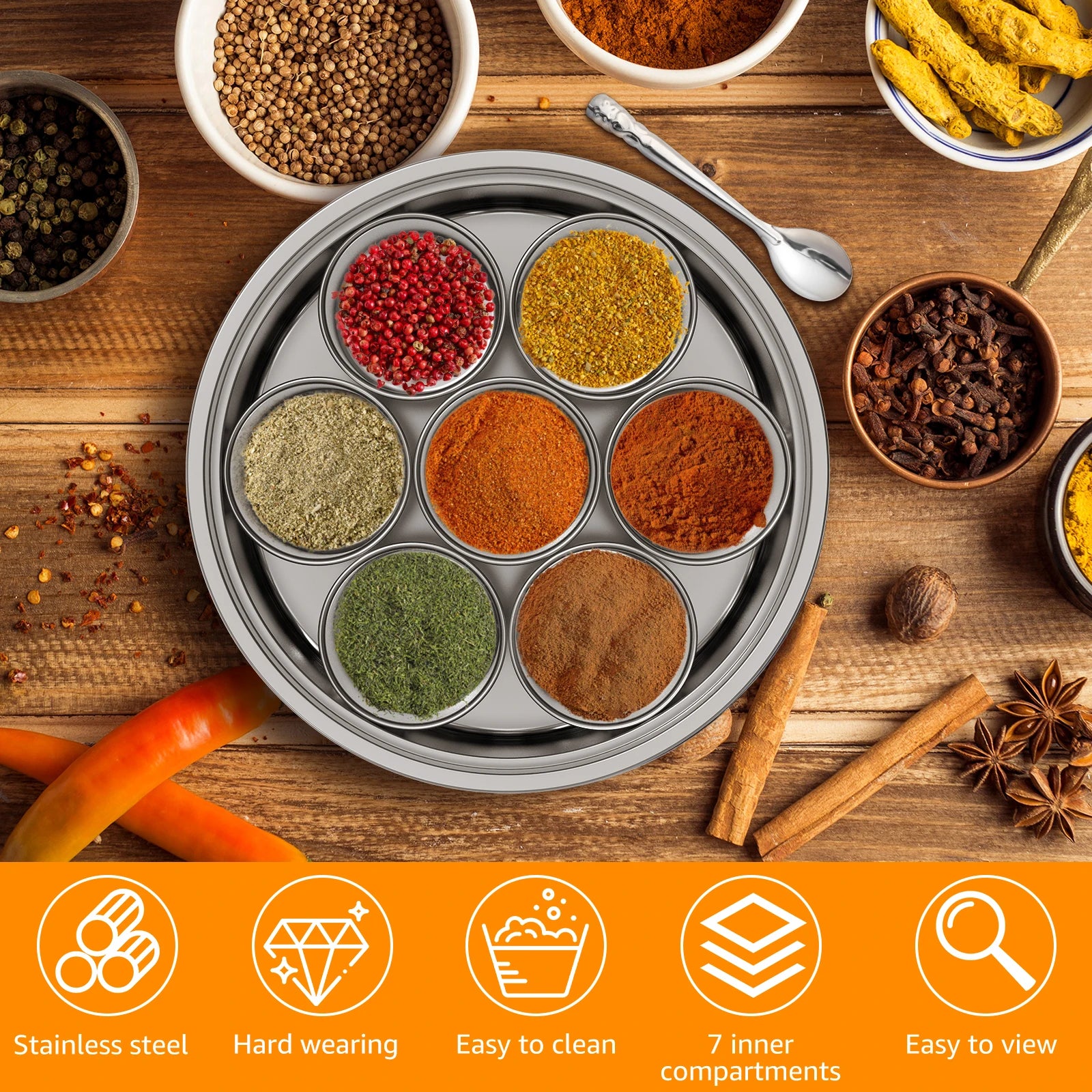 Stainless Steel Masala Dabba - 7 Compartment Spice Box Container