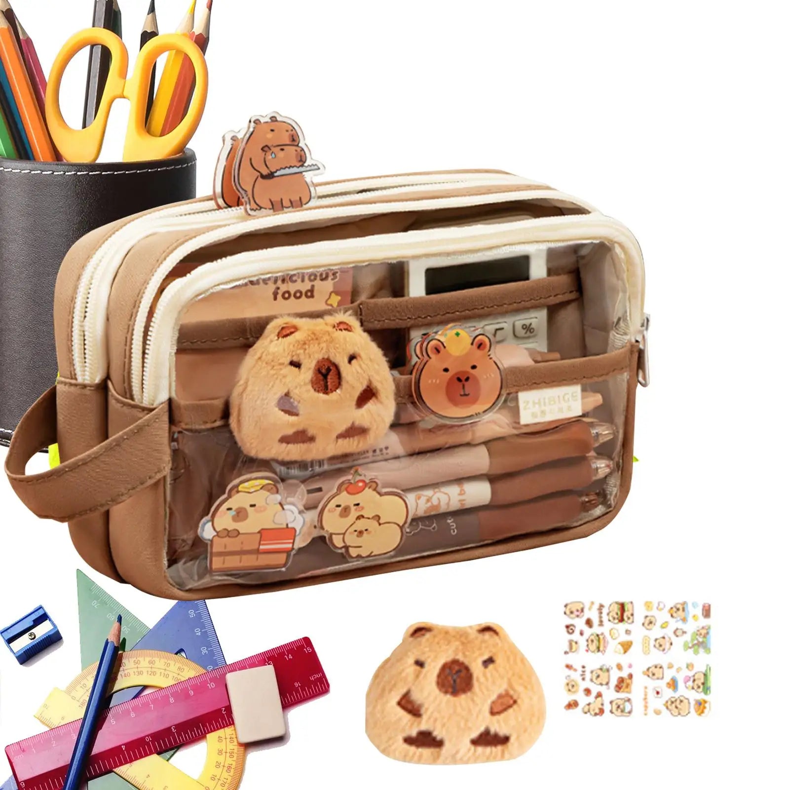Layered Capybara Canvas Pencil Case Set - Multi-Compartment with Doll