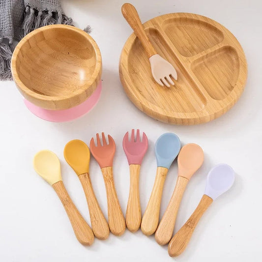 BPA Free Silicone Baby Spoon Fork Set - Wooden Handle Feeding