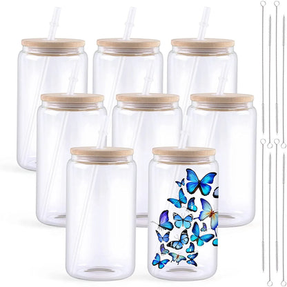 16OZ Glass Sublimation Tumblers 4/8 Pack Clear/Frosted Bamboo Lid
