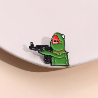 Frog And Gun Enamel Pin - Custom Cartoon Animal Lapel Badge Brooch