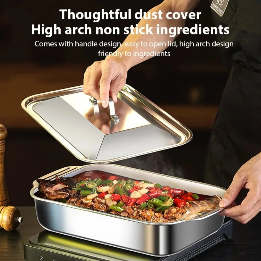 Stainless Steel Nonstick BBQ Fish Tray with Lid - Deep Baking Pan