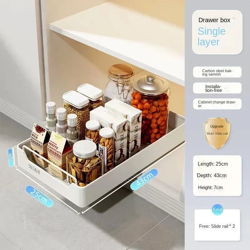 Pull Out Kitchen Storage Drawer with Slide Rails - Spice Organizer