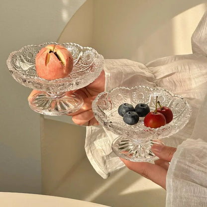 Relief Glass Fruit Tray - Transparent High Leg Dessert Bowl