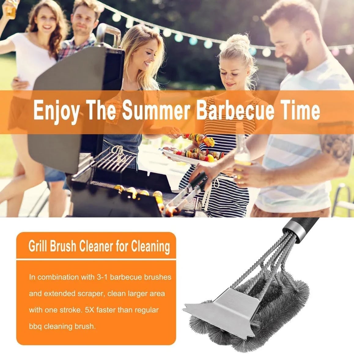 Stainless Steel BBQ Grill Cleaning Brush with Scraper Tool