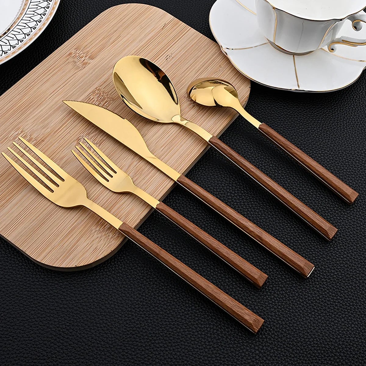 30-Piece Stainless Steel Flatware Set with Wooden Handles