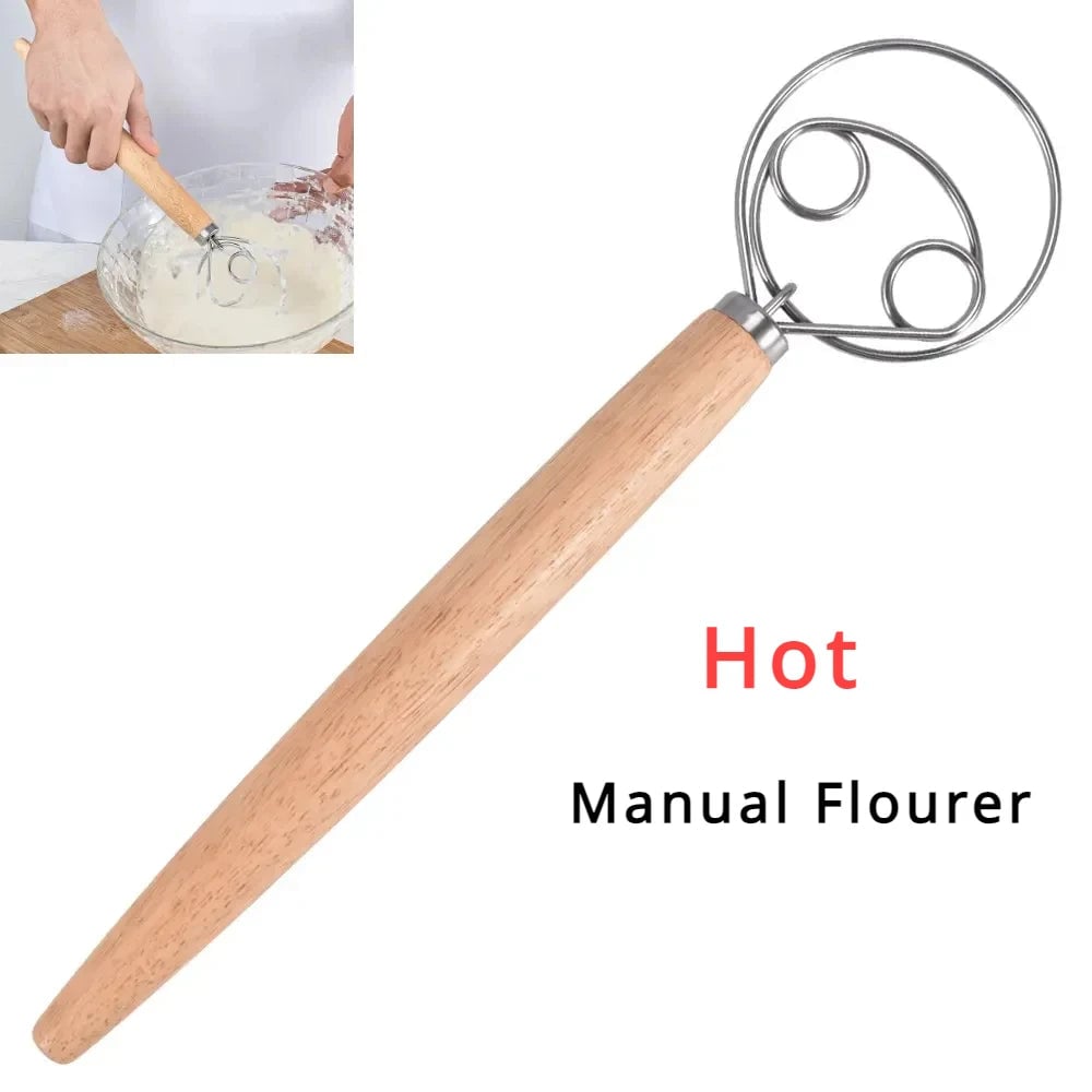 Danish Dough Whisk Stainless Steel Dutch Bread Mixer Wooden Handle