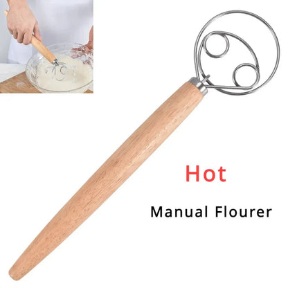 Danish Dough Whisk Stainless Steel Dutch Bread Mixer Wooden Handle