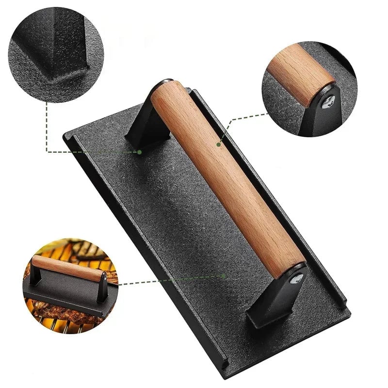 Cast Iron Rectangular Meat Press Heavy-Duty Steak Burger Grill