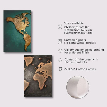 Retro World Map 3-Piece Canvas Wall Art Set Nordic Home Decor Posters