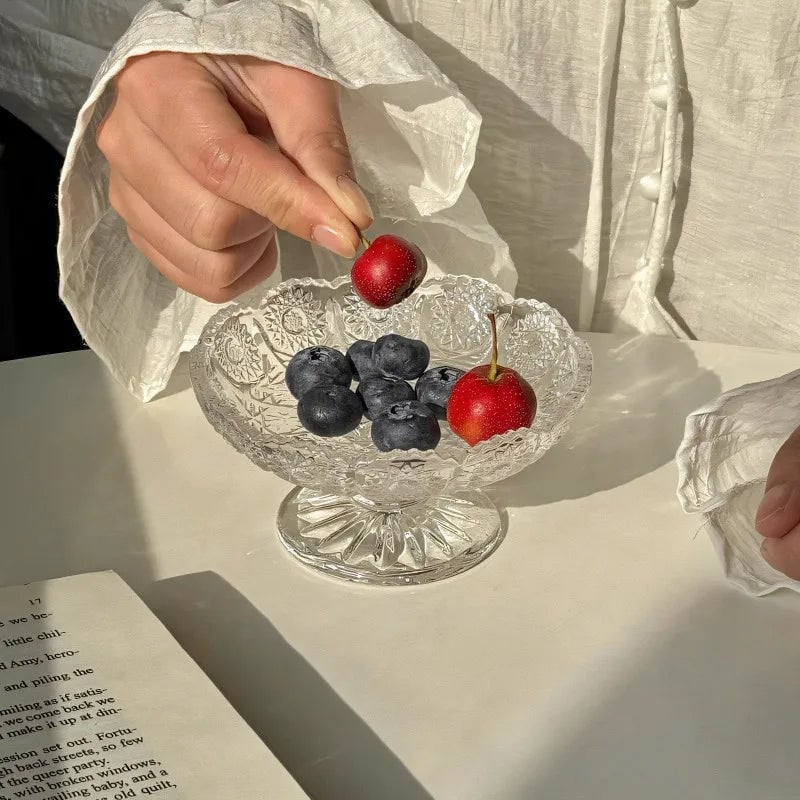 Relief Glass Fruit Tray - Transparent High Leg Dessert Bowl