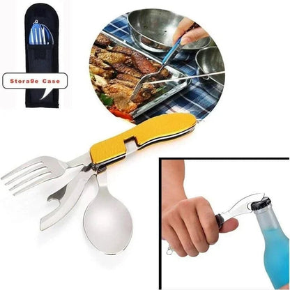 4-in-1 Stainless Steel Folding Camping Cutlery Set - Portable Kit