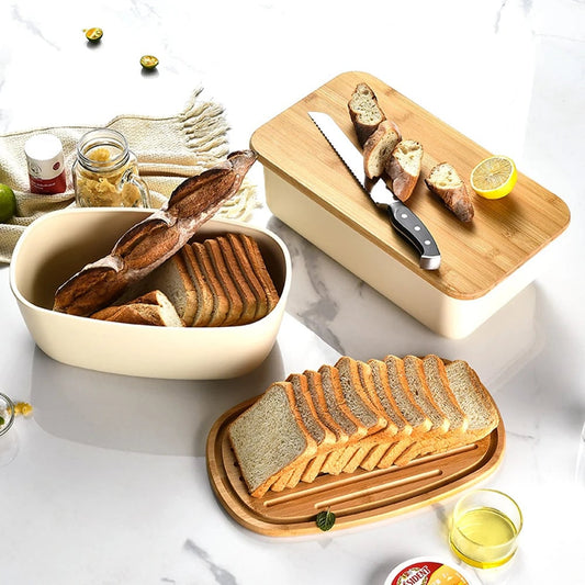 Bamboo Lid Bread Storage Box Container Kitchen Food Organizer