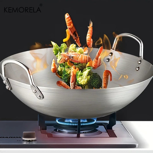 Stainless Steel Wok 26-34cm Double Handle Uncoated Chef Pan
