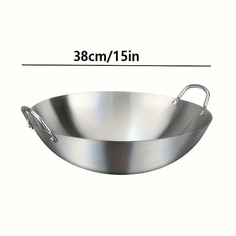 Large Stainless Steel Wok Dual Handle Commercial Chef Pan Uncoated