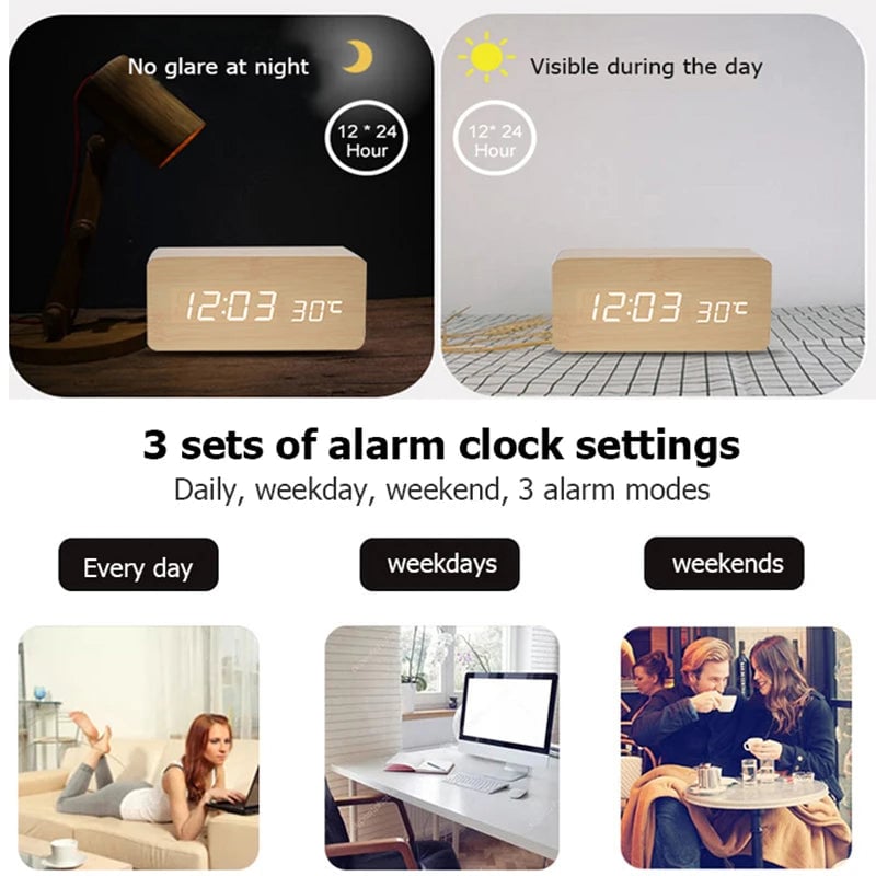 Wooden LED Digital Alarm Clock with Temperature Display Desk Clock