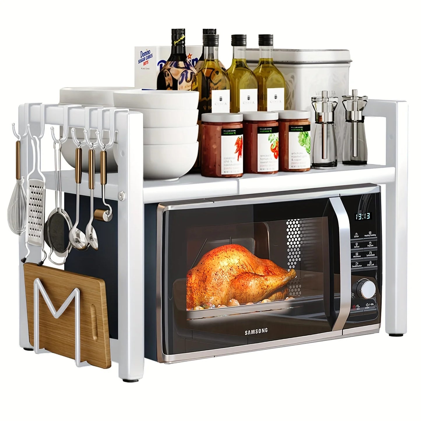 Expandable Microwave Shelf 40-64cm with 6 Hooks Kitchen Storage Rack