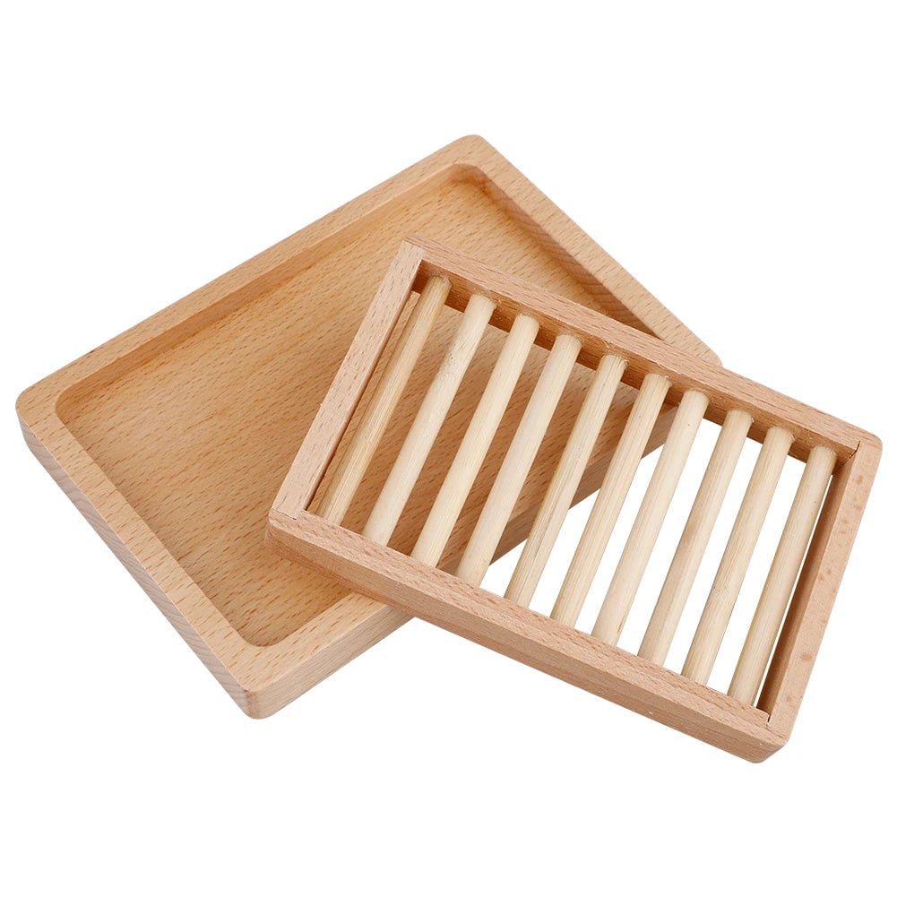 Two Tier Wooden Soap Dish Holder 14x10x2.5cm Bathroom Storage Tray