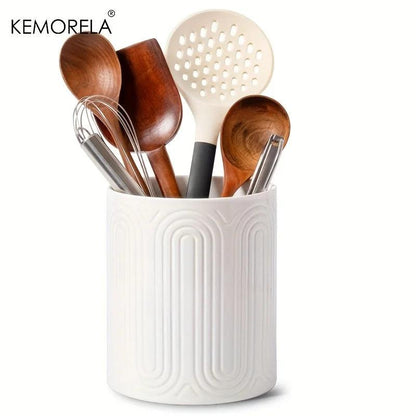 White Ceramic Utensil Holder Countertop Organizer 1/2 Piece Set