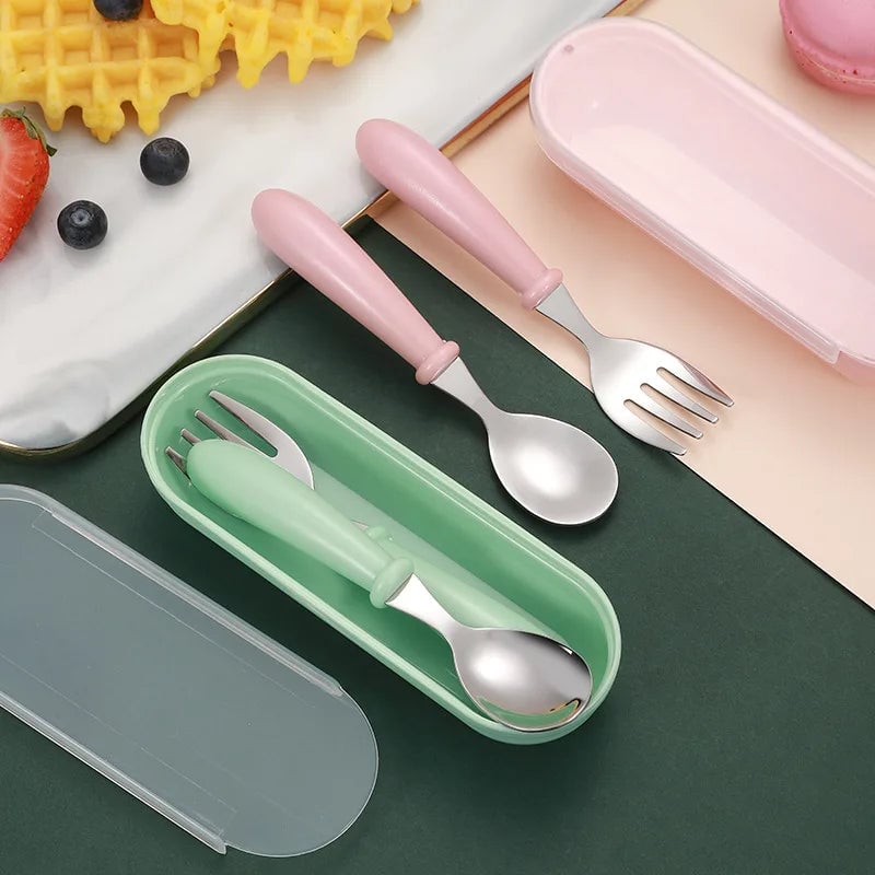 3pc Stainless Steel Kids Cutlery Set - Portable Baby Spoons Forks