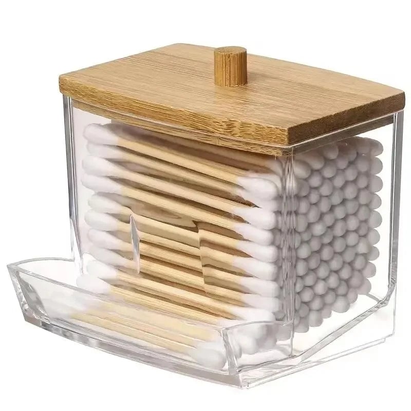 Transparent Cotton Swab Storage Box with Bamboo Lid Double Organizer