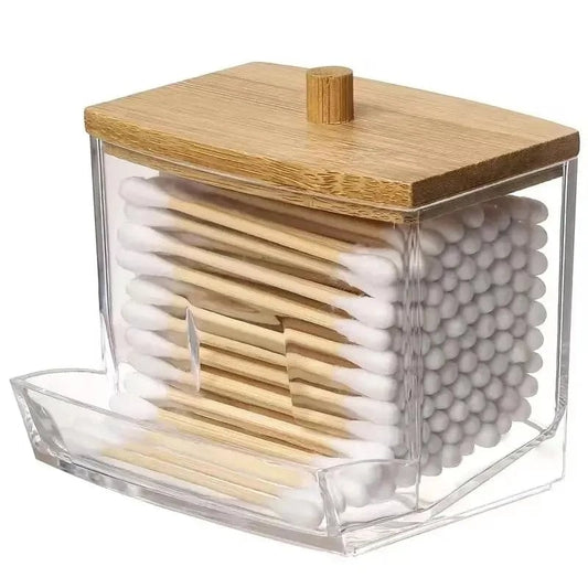 Transparent Cotton Swab Storage Box with Bamboo Lid Double Organizer