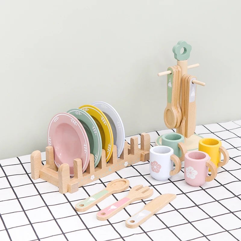 Wooden Kitchen Toy Food Set Educational Role Play Tableware Preschool