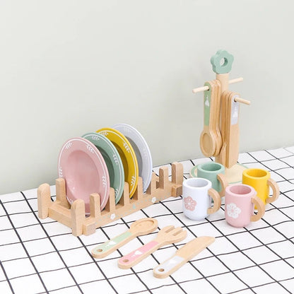 Wooden Kitchen Toy Food Set Educational Role Play Tableware Preschool