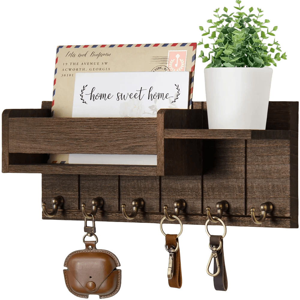 Rustic Wood Entryway Wall Shelf 6 Hook Mail Key Organizer Storage