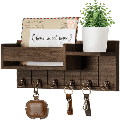 Rustic Wood Entryway Wall Shelf 6 Hook Mail Key Organizer Storage