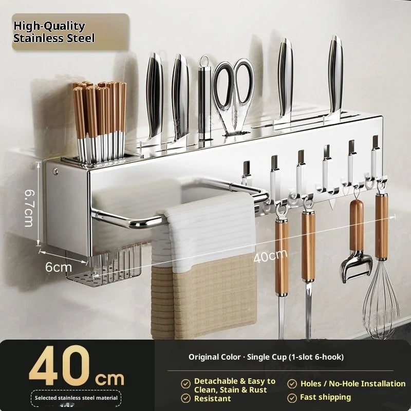 Wall Mount Stainless Steel Kitchen Knife Holder No Drill Storage