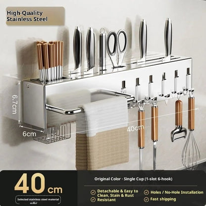 Wall Mount Stainless Steel Kitchen Knife Holder No Drill Storage
