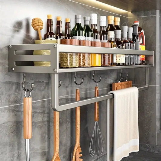 Aluminum Wall-Mounted Spice Rack with Hooks - Kitchen Storage Shelf