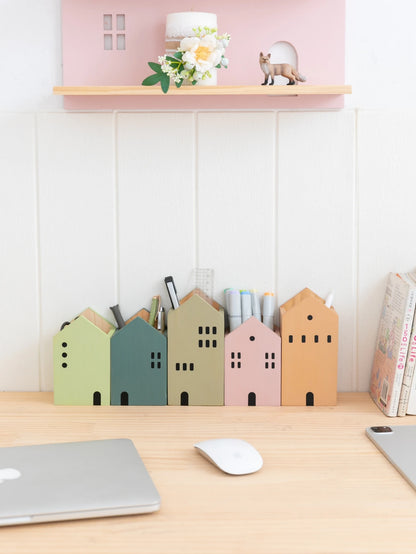 Cartoon House Wooden Pen Holder Desktop Storage Organiser Container