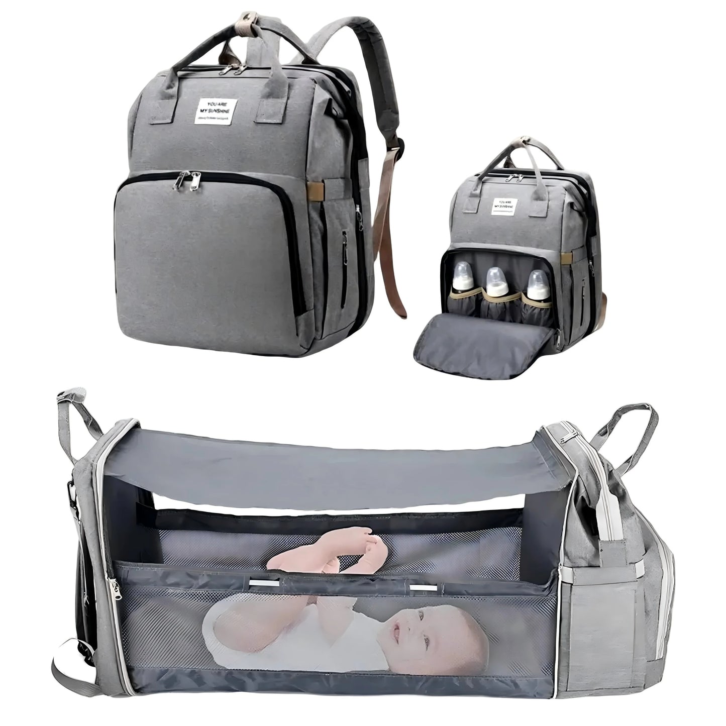 3-in-1 Diaper Bag Backpack with Foldable Baby Bed & USB Charging