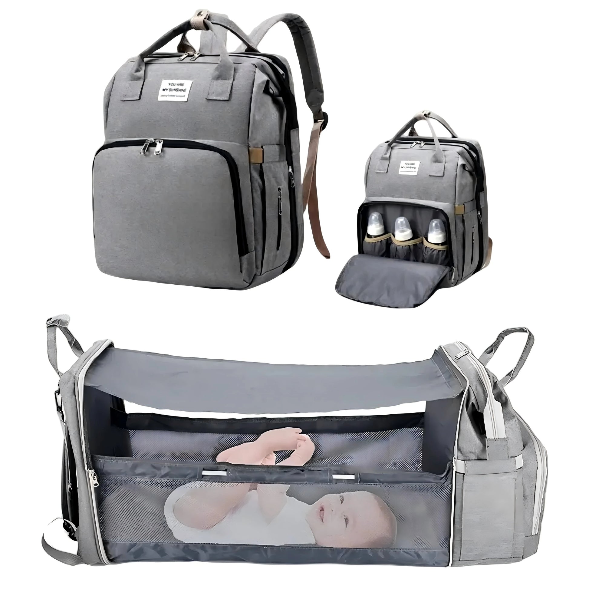 3-in-1 Diaper Bag Backpack with Foldable Baby Bed & USB Charging