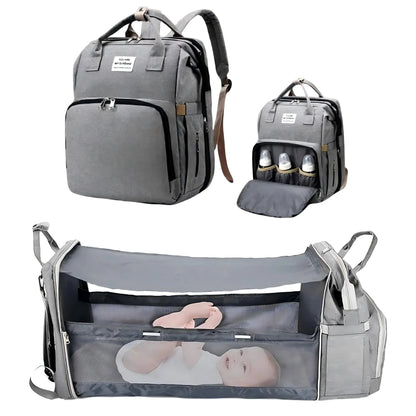 3-in-1 Diaper Bag Backpack with Foldable Baby Bed & USB Charging