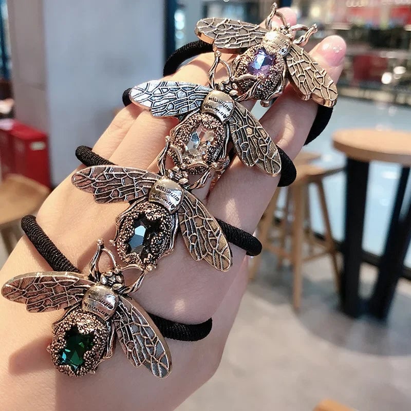 Crystal Rhinestone Hair Scrunchies - Elastic Retro Bee Design