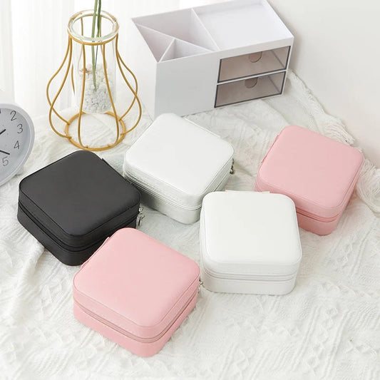 Single Layer Leather Travel Jewelry Box - Classic Black White Pink