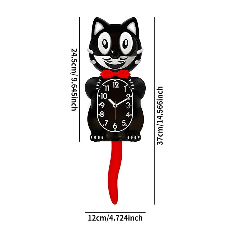 2D Cartoon Cat Wall Clock Silent Movement Swinging Tail Glass Mirror