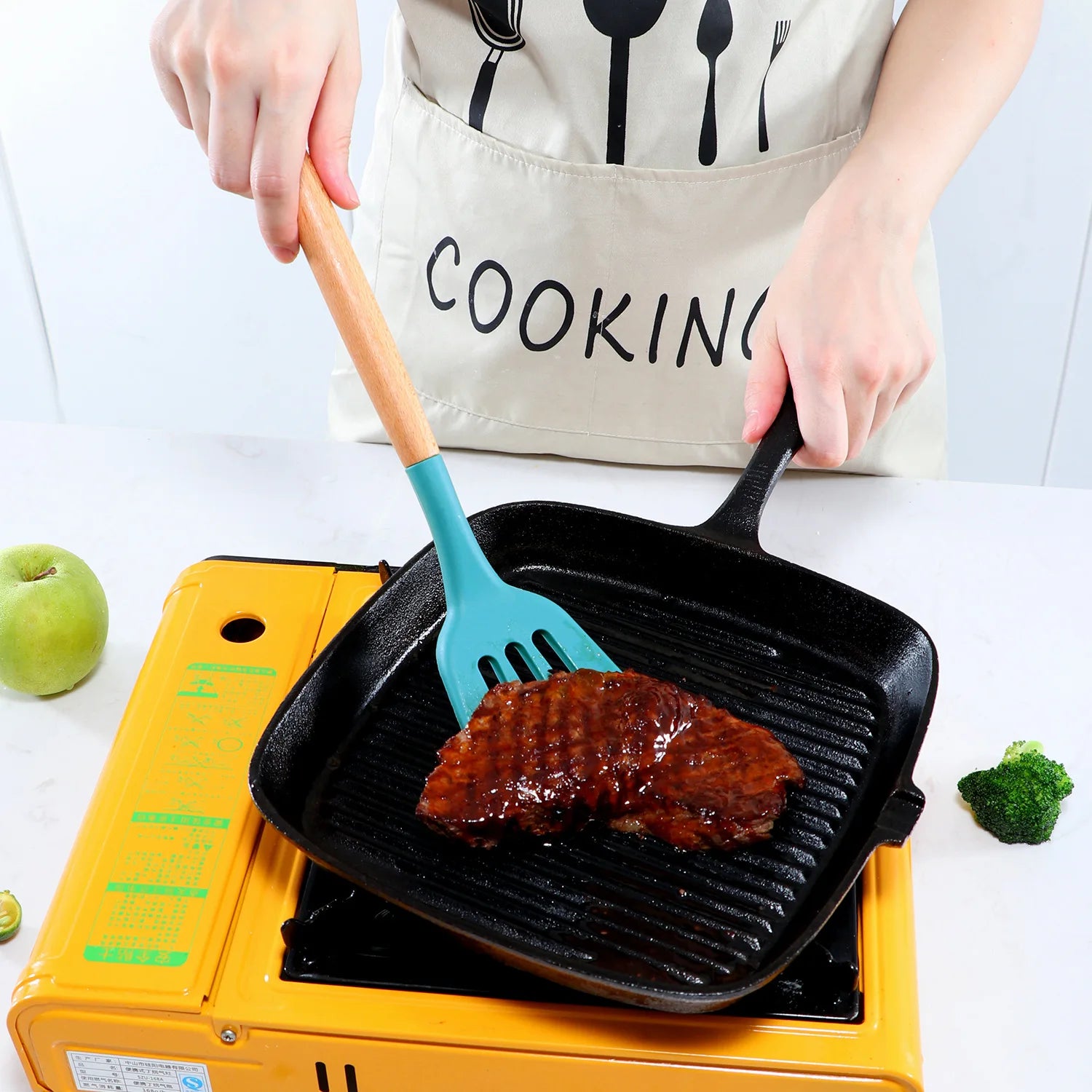 Blue Heat-Resistant Silicone Spatula Spoon with Wooden Handle