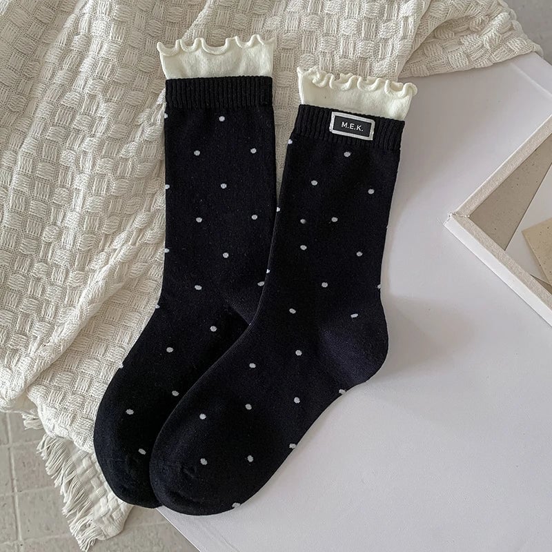 Cotton Frilly Dot Pattern Long Socks - Breathable Preppy Style