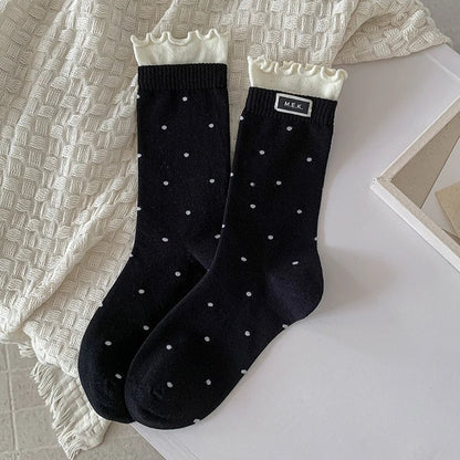 Cotton Frilly Dot Pattern Long Socks - Breathable Preppy Style