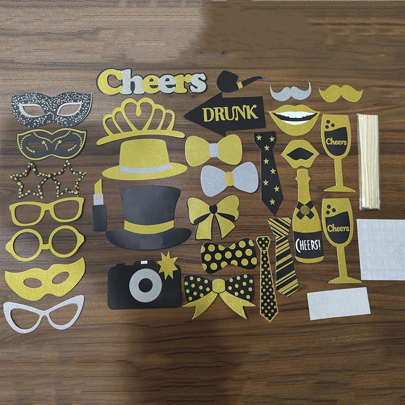 30pcs Black Gold Photo Booth Props Set Birthday Wedding Graduation