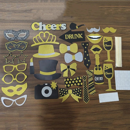 30pcs Black Gold Photo Booth Props Set Birthday Wedding Graduation